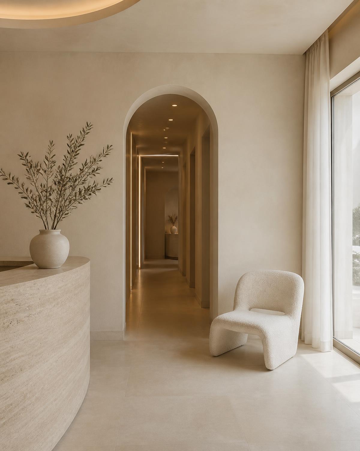 Minimal travertine and plaster interior of the Aura Aesthetics clinic